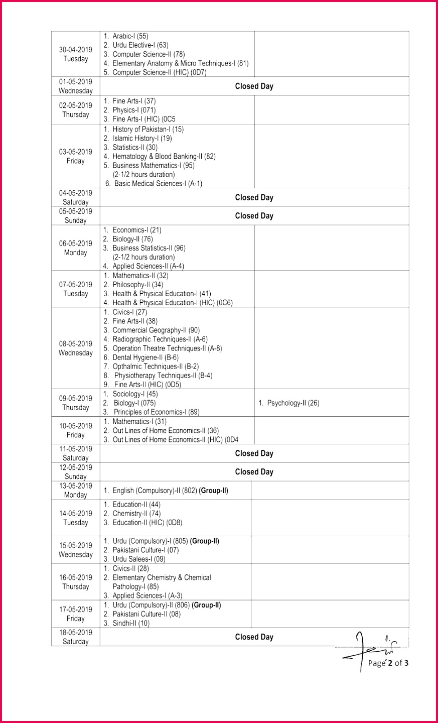 2018 Date Sheet