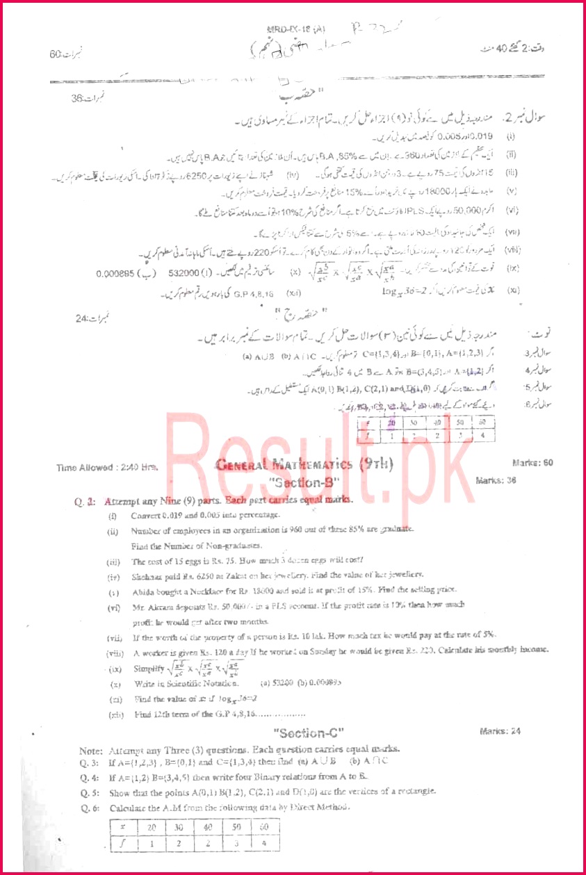 BISE Mardan SSC Part 1 Mathematics Subjective Past Paper 2018