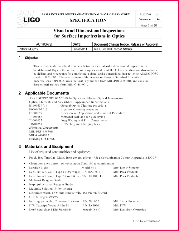 LASER INTERFEROMETER GRAVITATIONAL WAVE OBSERVATORY SPECIFICATION E v1 Document No Rev