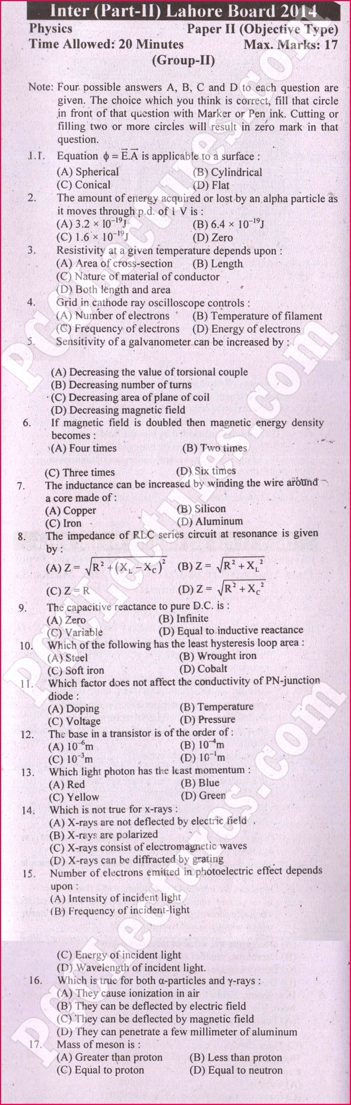 Past Papers Lahore Board 2014 Inter Part 2 Physics Group 2