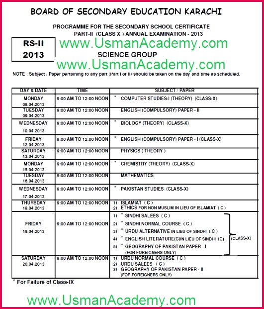 9th Class Date Sheet 2013