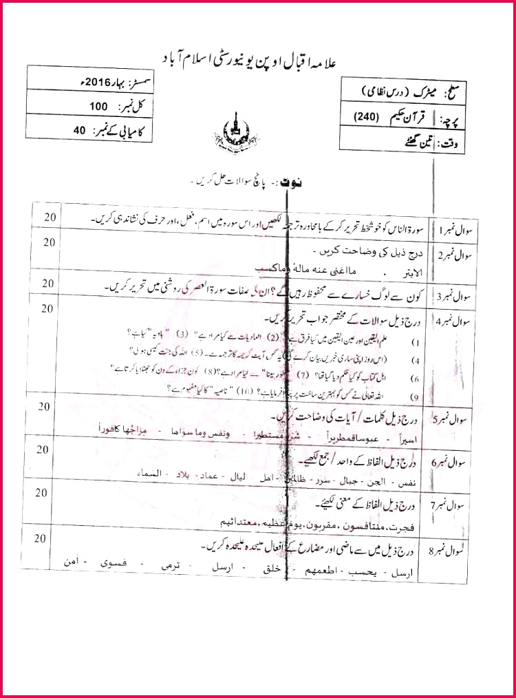 AIOU Quran e Hakeem Code 240 Old Paper Matric 2016