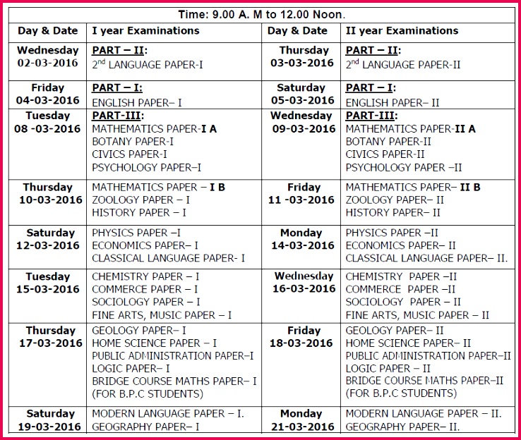 AP Intermediate Board Exam Vocational First Year Time Table