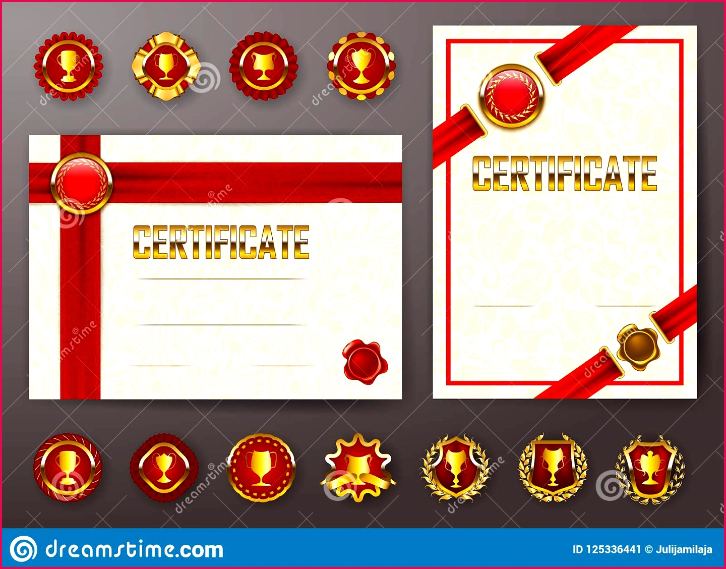 set elegant templates certificate diploma lace ornament ribbon wax seal drapery fabric badges place text achievement