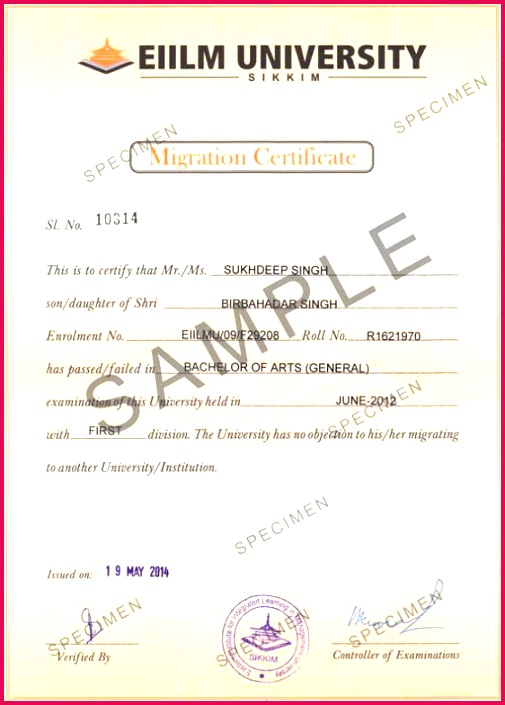 EIILM University Degree Certificate Sample 3