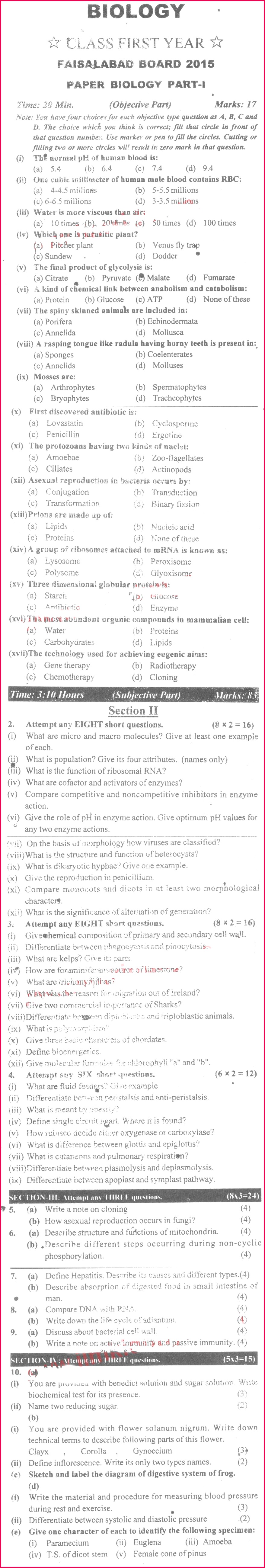 Past Papers 2015 Faisalabad Board Inter Part 1 Biology English Version