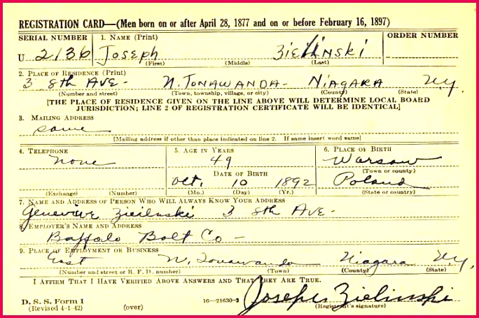 us world war ii draft registration cards 1942 joseph zielic584ski