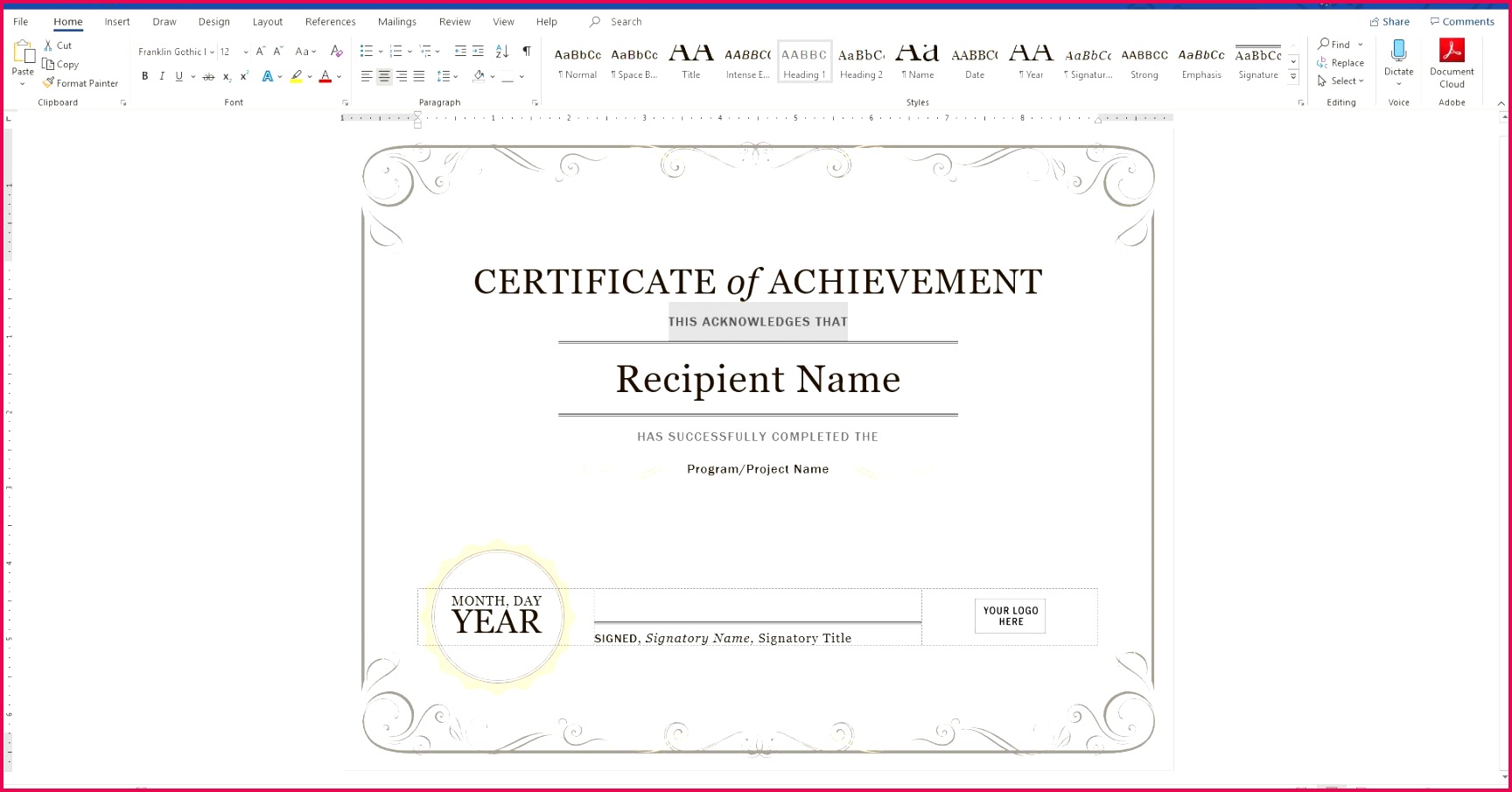 Create a Certificate of Recognition in Microsoft Word 1728905 Screenshot of certificate template opened in Word