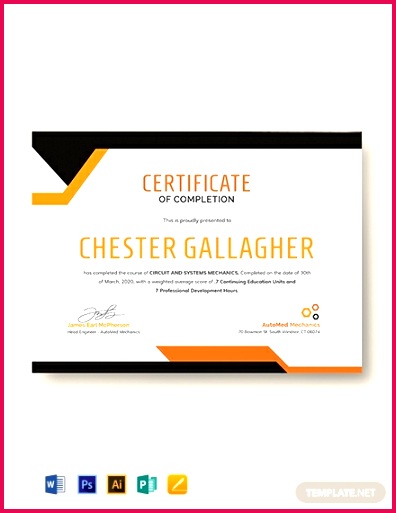 Free Mechanic Course pletion Certificate Template