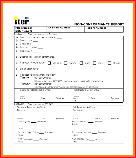 non conformance form template size certificate quality report