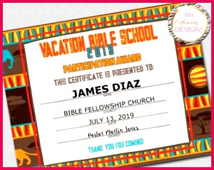 2019 VBS Certificate Vacation Bible School Instant Download 8 5x11" Word and JPG
