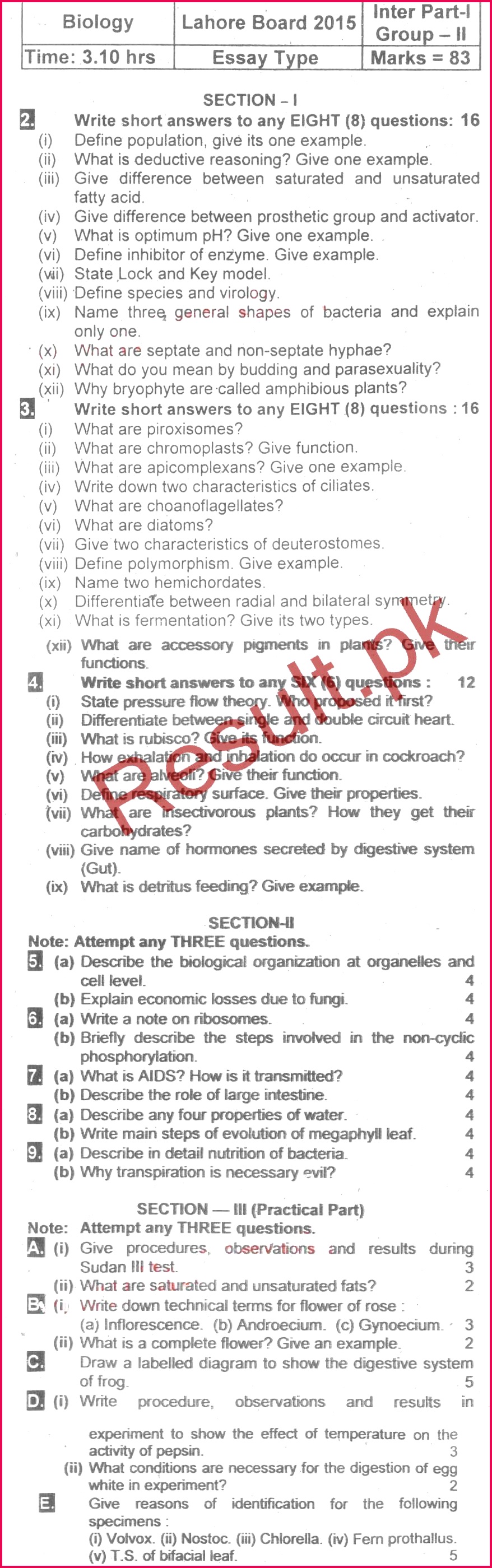 Past Papers Lahore Board 2015 Inter Part 1 Biology Subjective Group 2