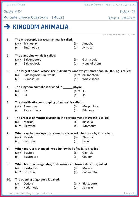 Adamjee notes For All Subjects Kingdom Animalia MCQs Biology 11th 789558 kingdom animalia mcqs biology 11th