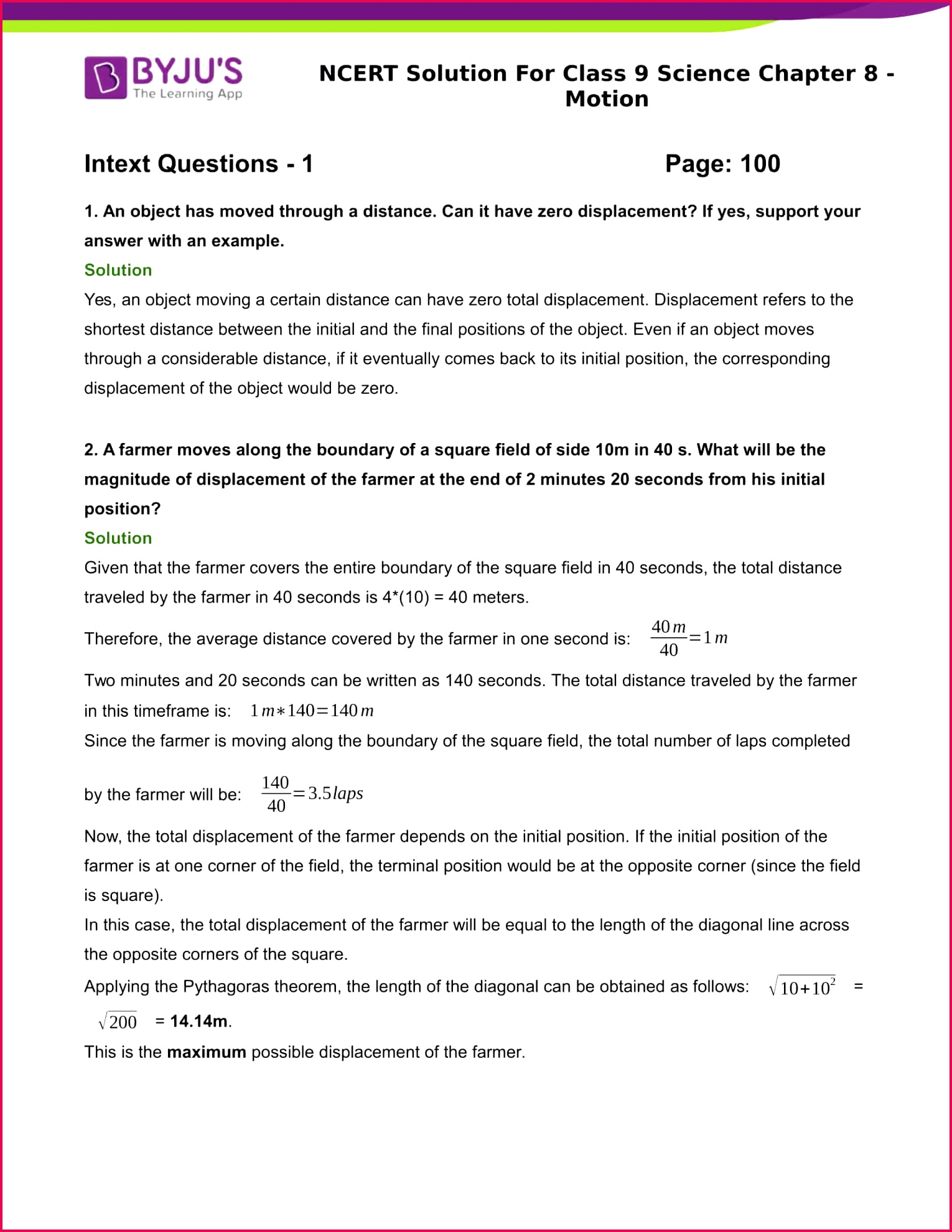 NCERT Solution for CBSE Class 9 Science Chapter 8 Motion 01
