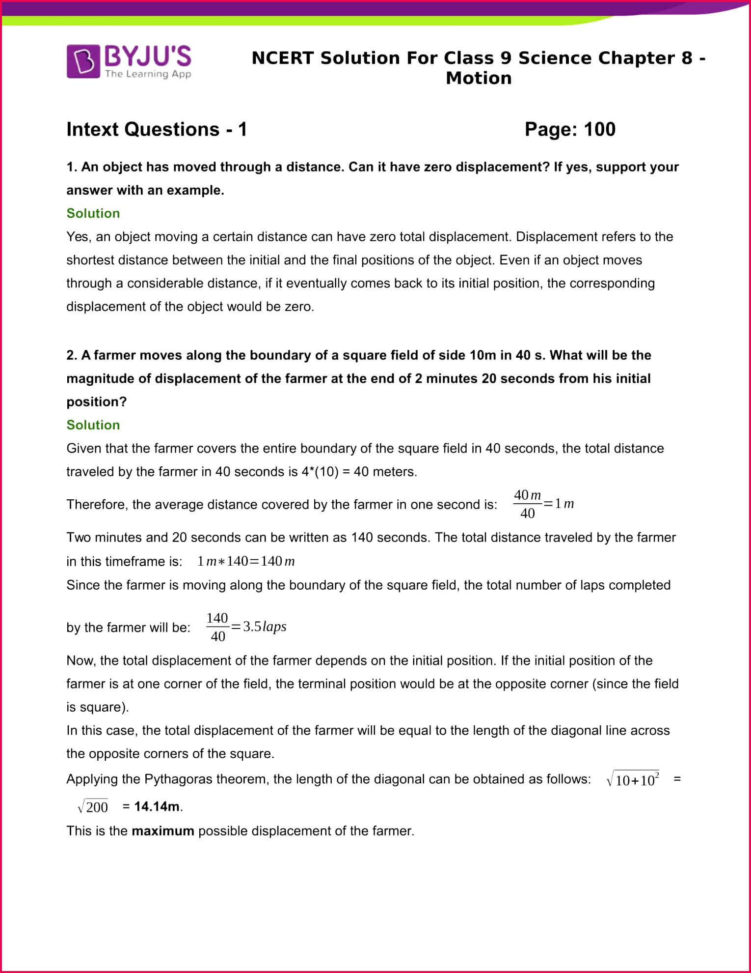 Download PDF of NCERT Solutions for Class 9 Science Chapter 8 Motion