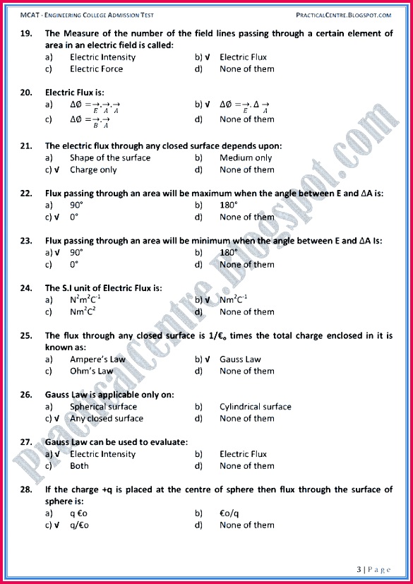 electrostatics ecat preparation mcqs test physics engineering admission test 3