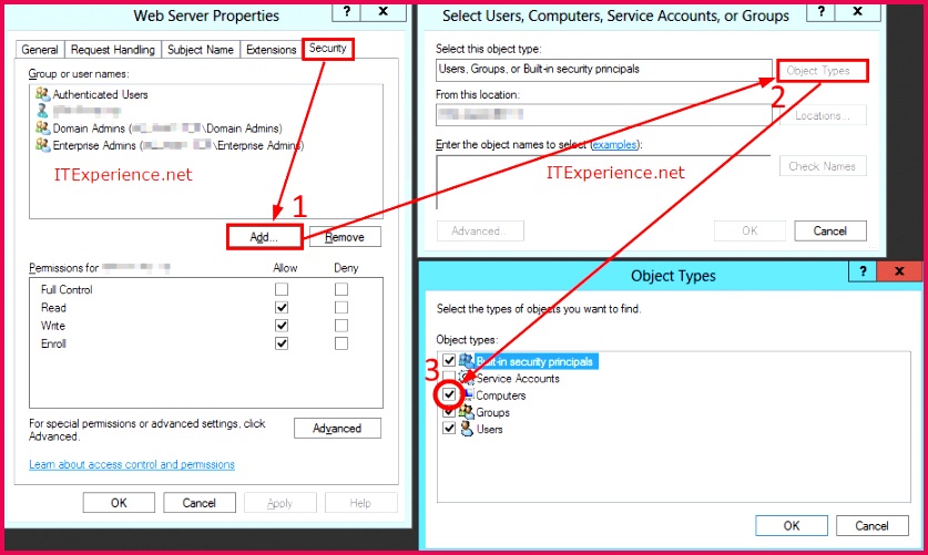 Certificate Template Add puter to security