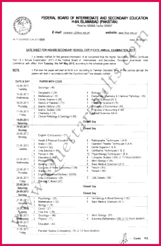 FBISE Federal Board FA FSc Date Sheet 2013