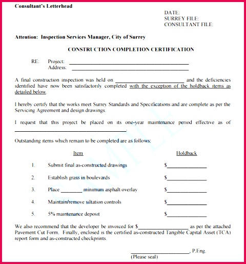 Work pletion Certificate Template 40