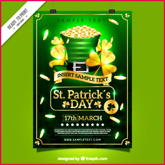 St patrick s day poster template with golden clovers and coins Free Vector