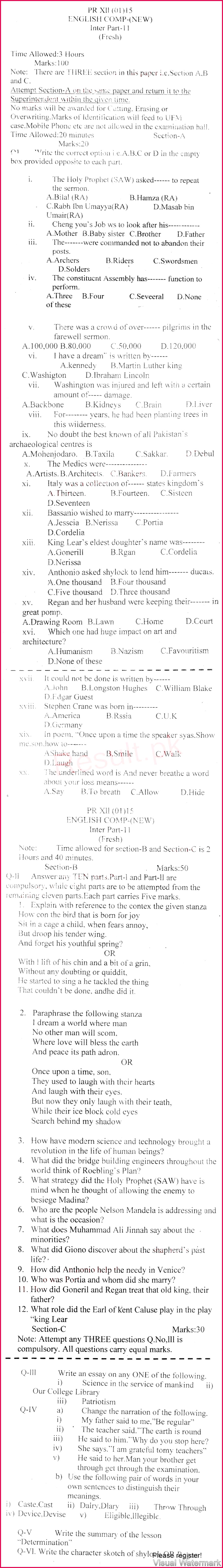 BISE Bannu hssc Part 2 English Past Paper 2015