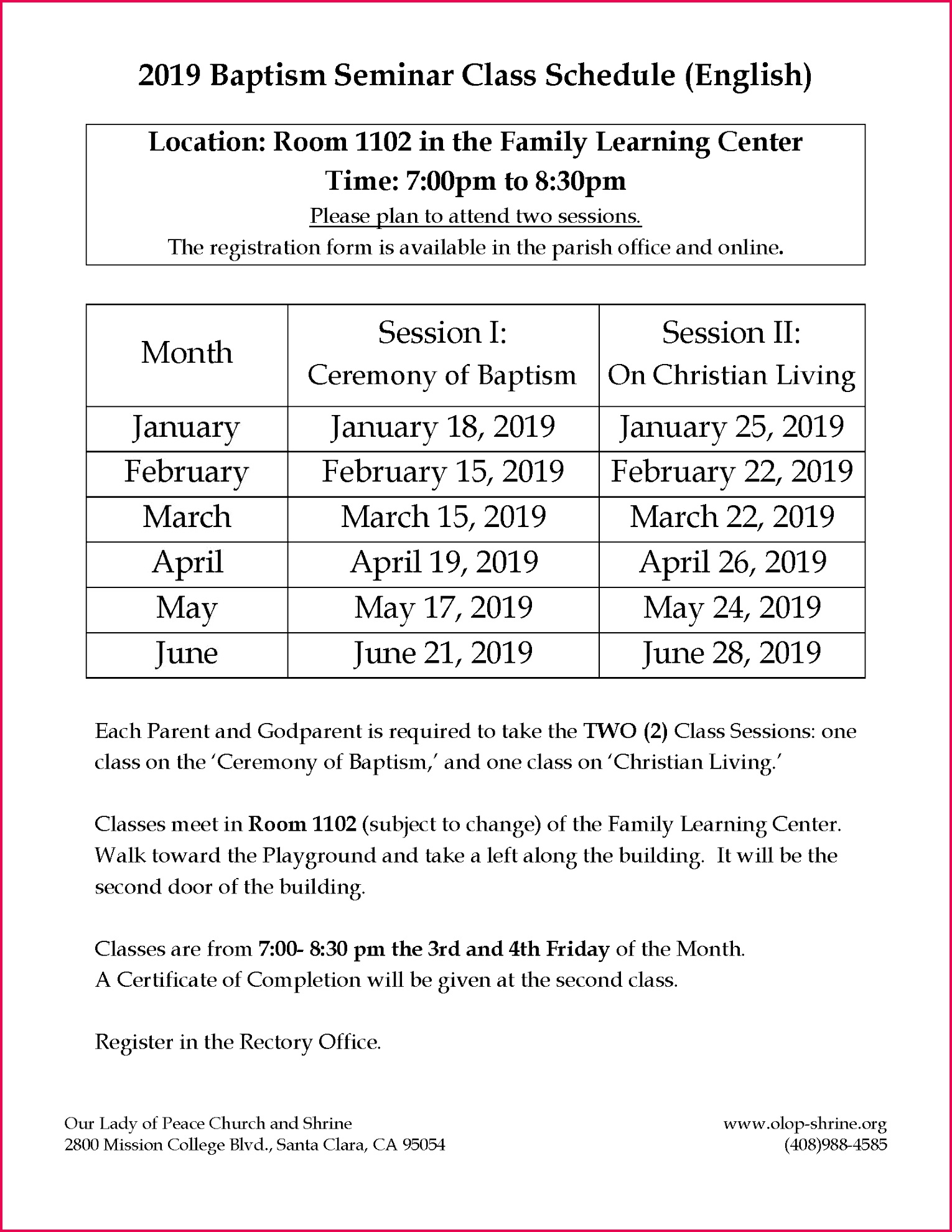 2019 Jan Jun English Baptism Seminar Class Schedule
