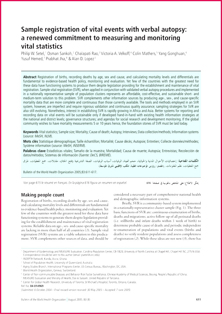 PDF Sample registration of vital events with verbal autopsy A renewed mitment to measuring and monitoring vital statistics