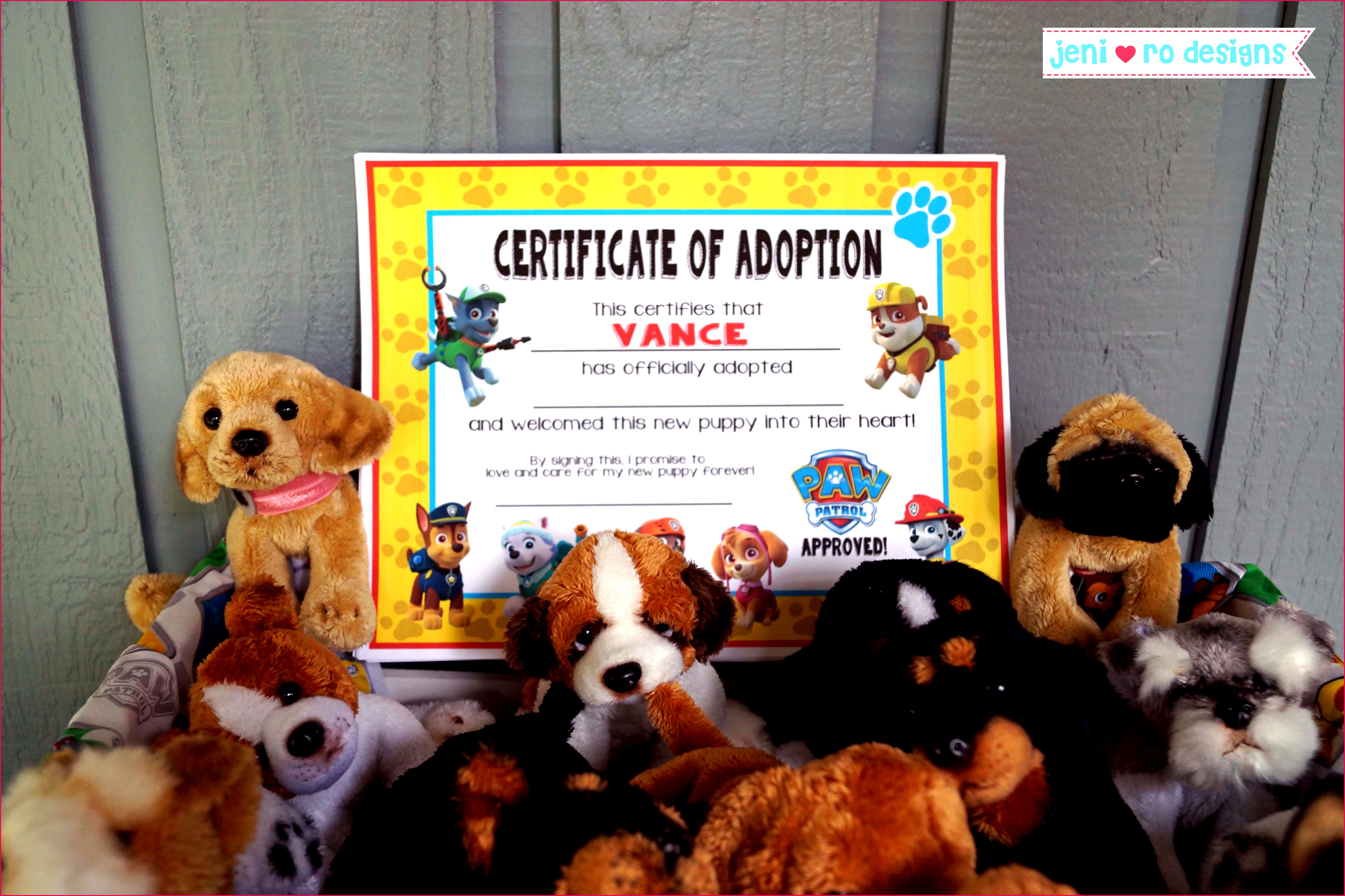 v paw patrol bday adopt a puppy adoption certificate printable jeni ro designs