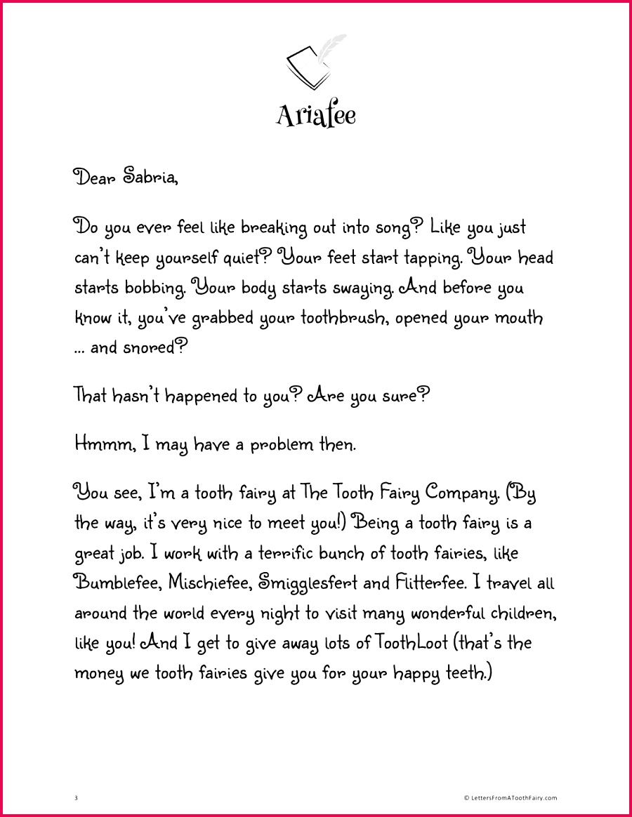 Free tooth fairy letter from the singing tooth fairy Ariafee
