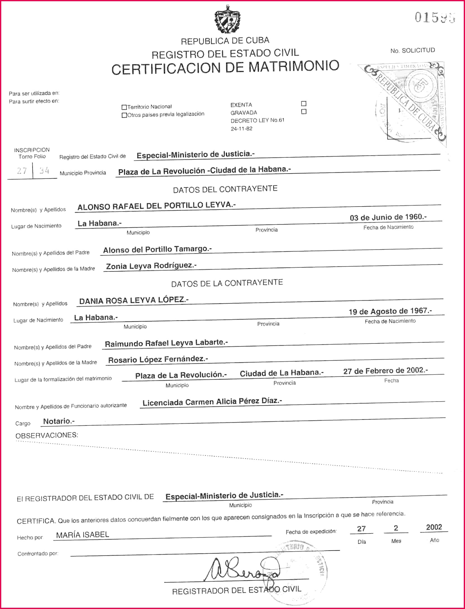 Alonso R Del Portillo Y Leyva Cuban Marriage Certificate
