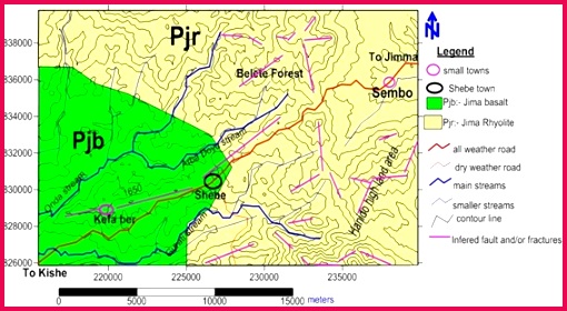 Figure 5 Geological map of Shebe area modified from geologic map of Ethiopia 1988