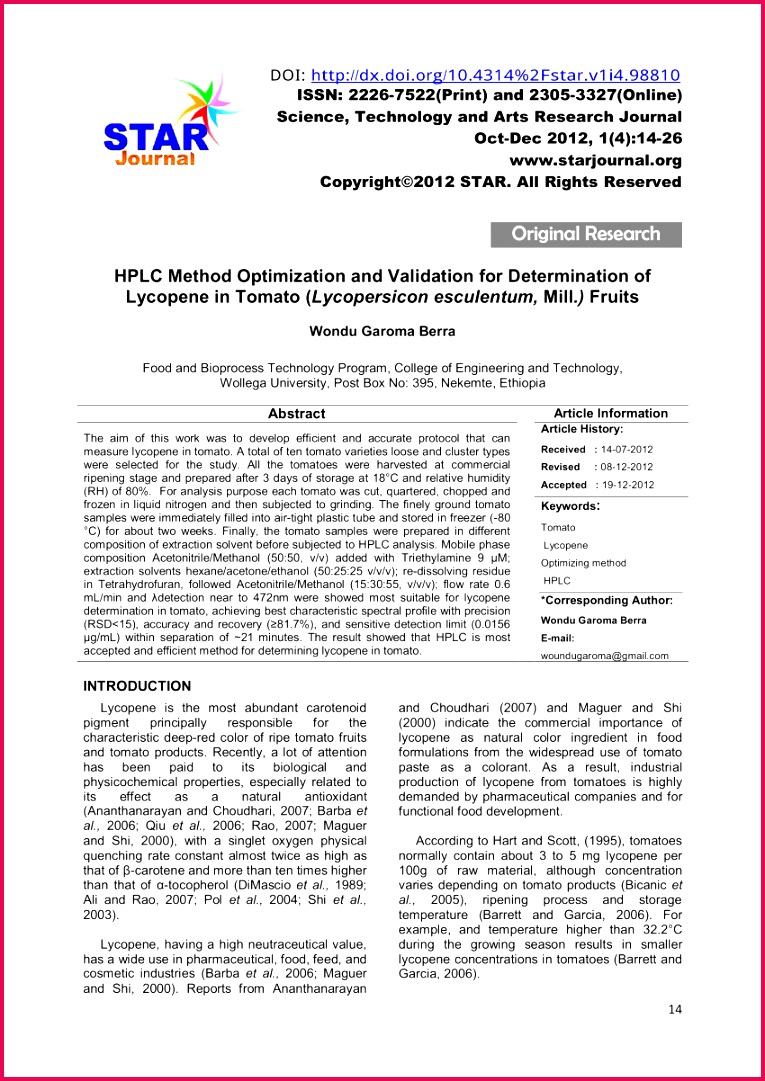 PDF HPLC Method Optimization and Validation for Determination of Lycopene in Tomato Lycopersicon esculentum Mill Fruits