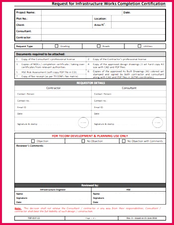Request for Infrastructure Works pletion Certification