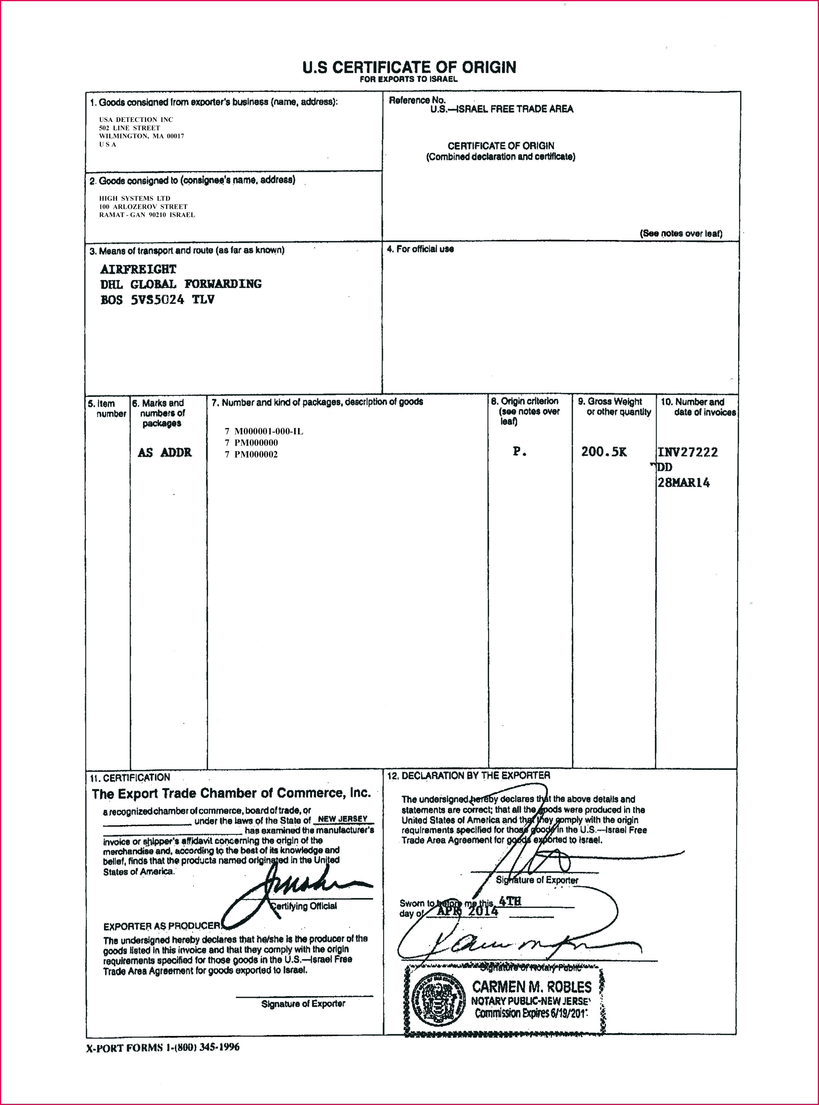 U s Certificate Origin