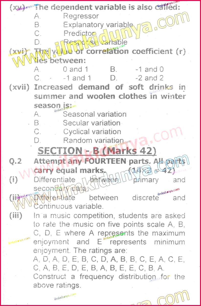 Past Papers Federal Board 2017 Inter Part 1 Statistics English Objective 3