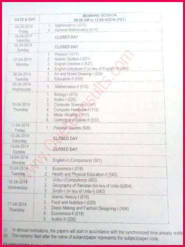 Federal Board Annual Exam 9th 10th Date Sheet