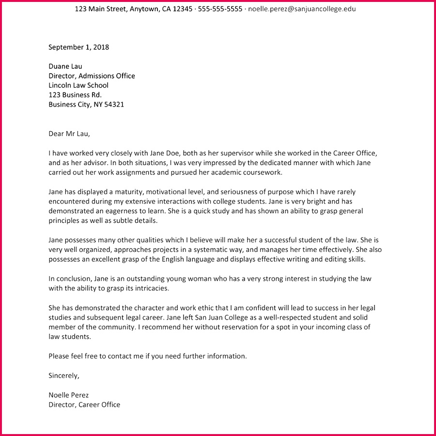 Screenshot of a reference letter sample for law school