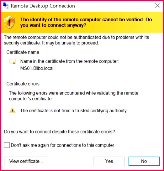 RDP Certificate error