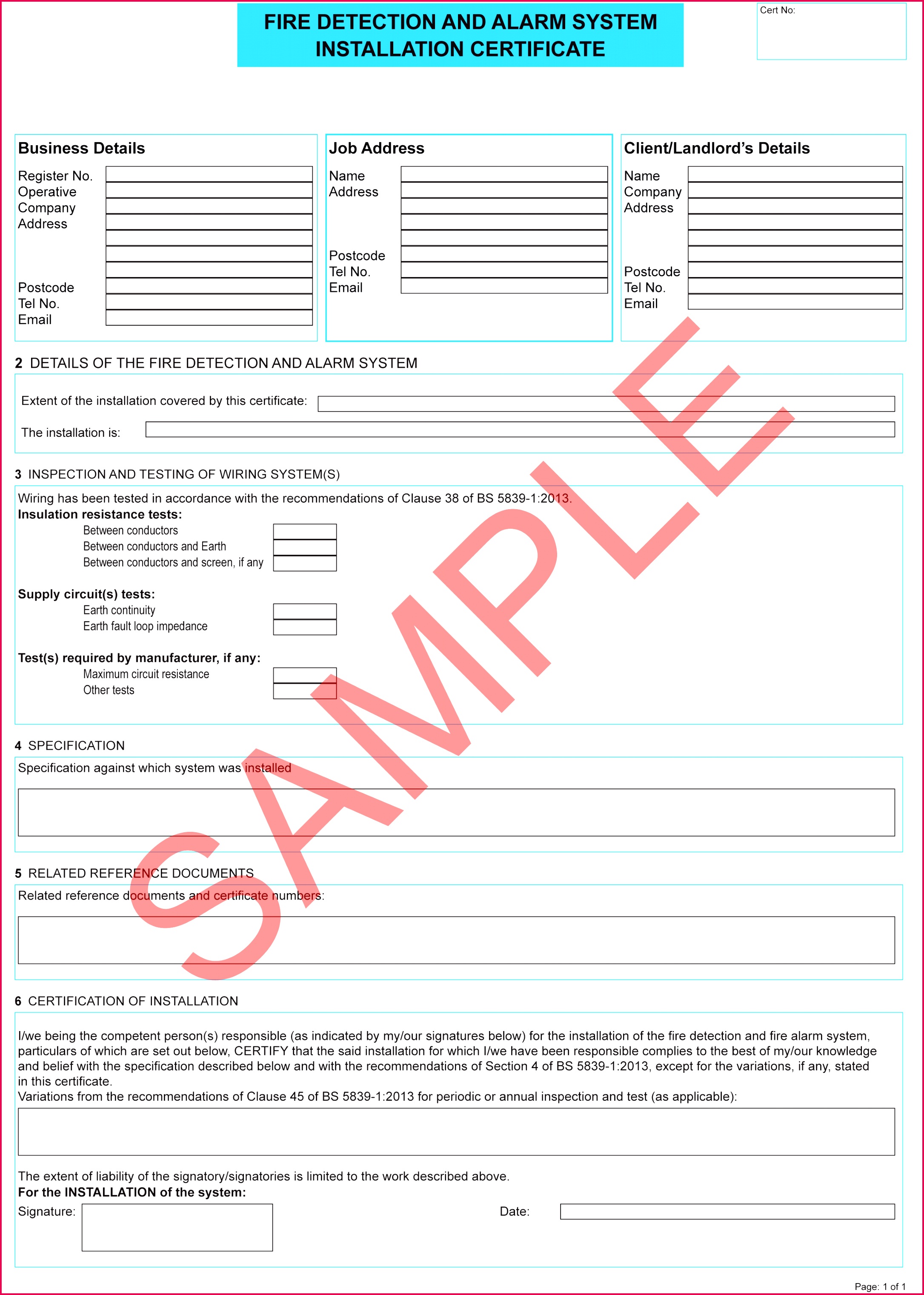 Fire Detection and Alarm System Installation Certificate