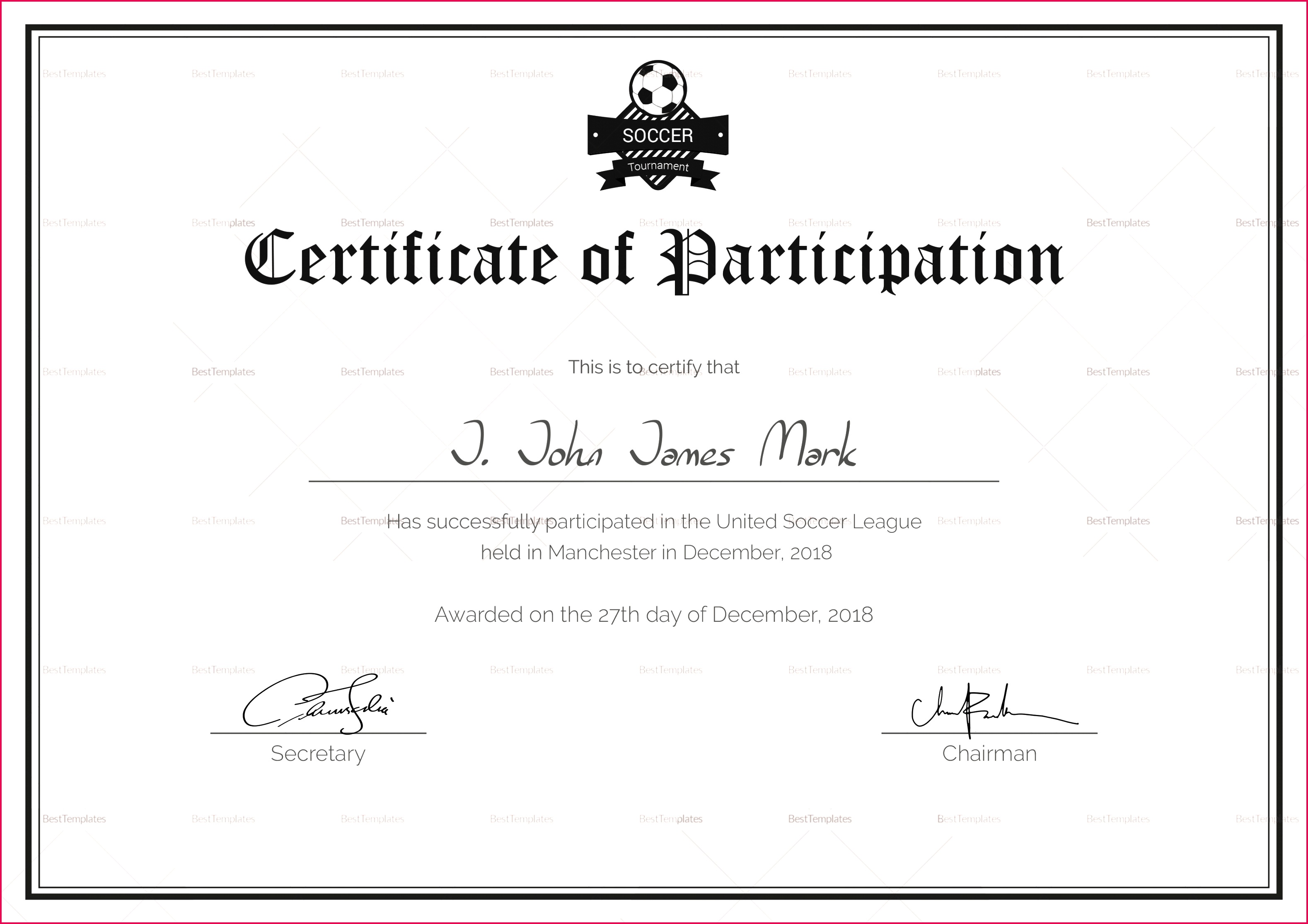 soccer participation certificate design template in psd word