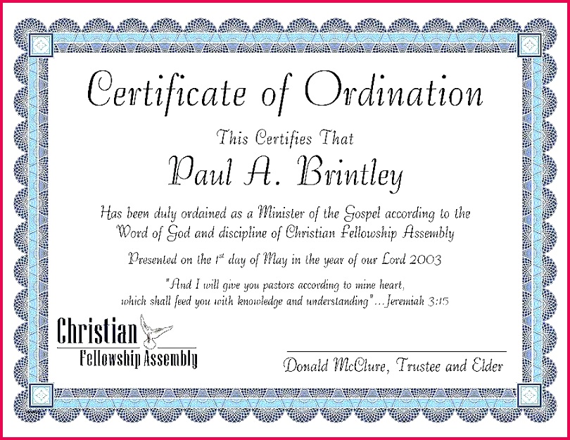 ministry ordination certificate template