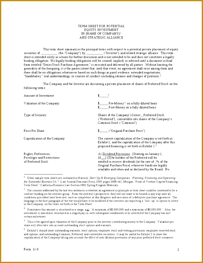 Investor Term Sheet Template by Strategic Investment Term Sheet Hashdoc 876677