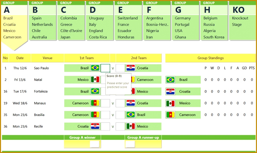 FIFA World cup 2014 free prediction template in Excel 6111023