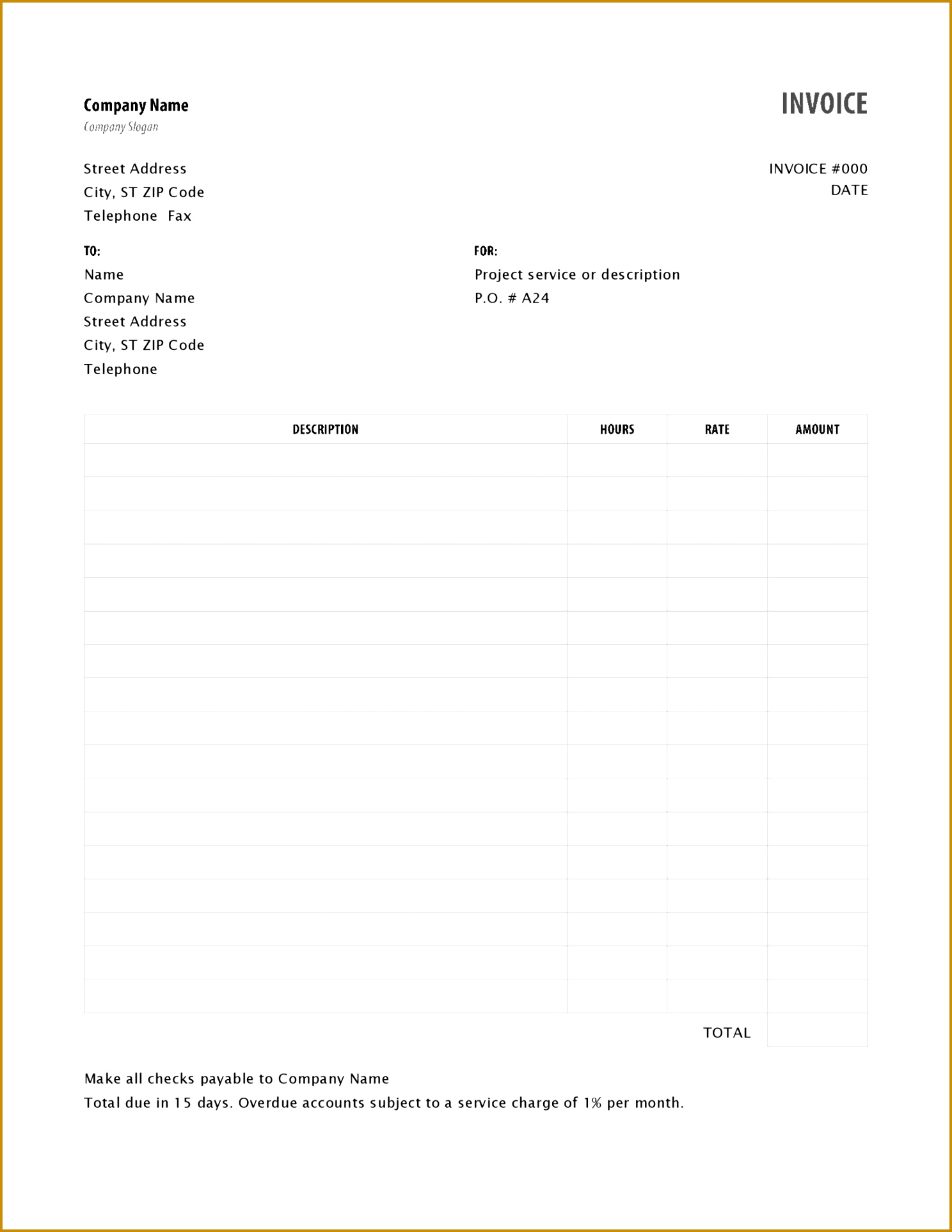 Invoice Printable Template Service With Hours And Rates Free Hvac Forms Basic Standard Formats 1600 19261488