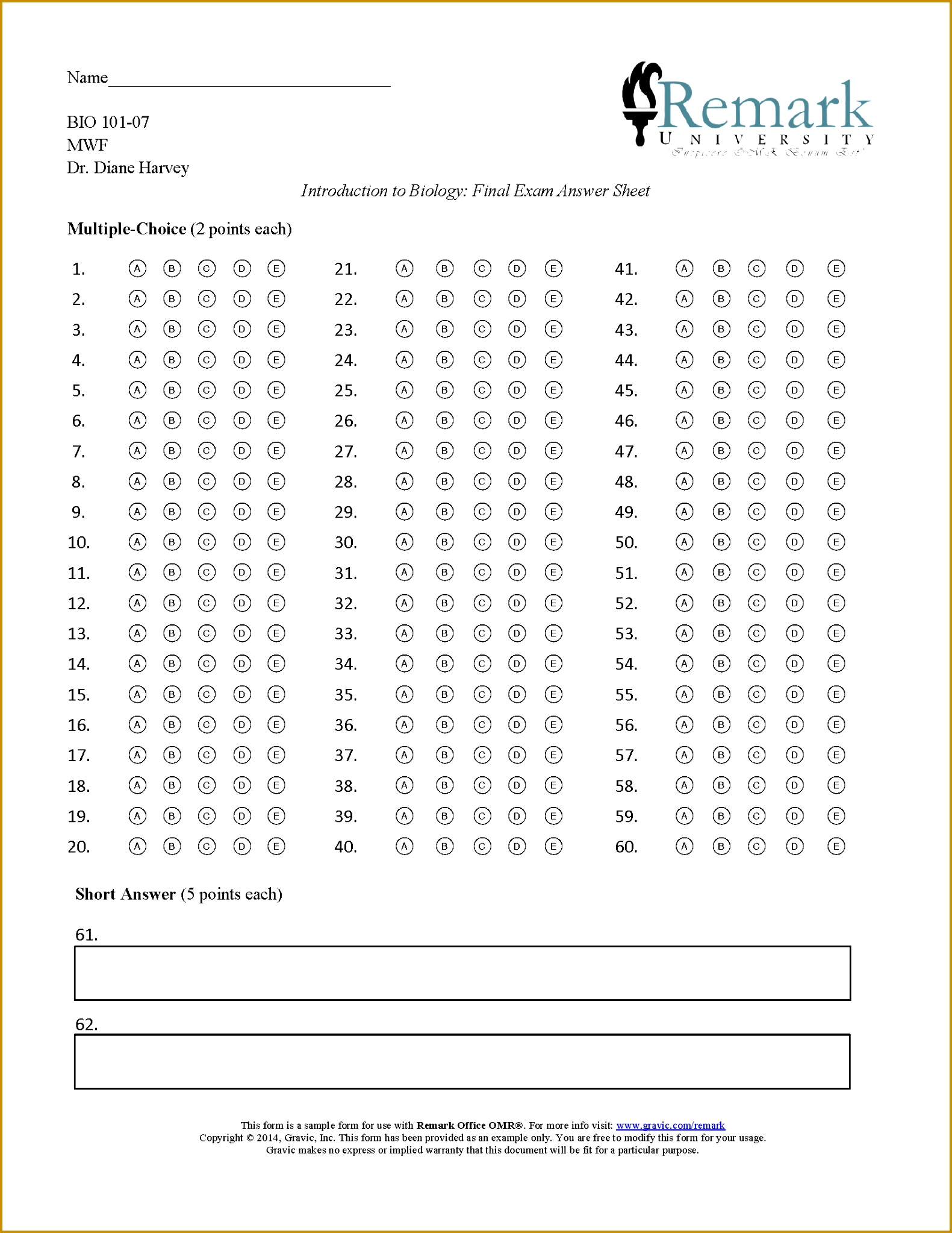 62 Question Test Answer Sheet for Remark fice OMR 20461581