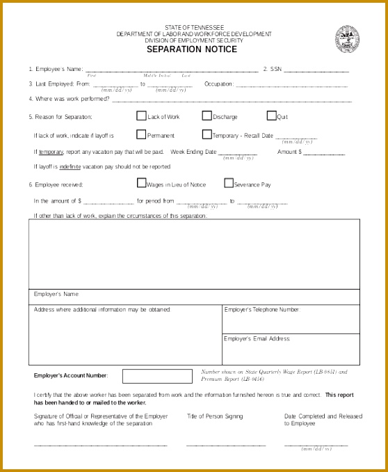 Tennessee Separation Notice Template 678558