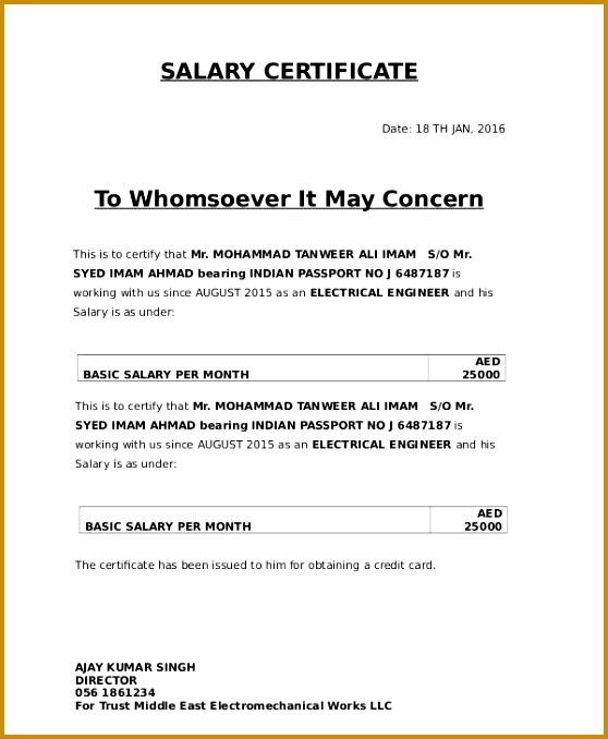 Printable Salary Certificate Example 678558