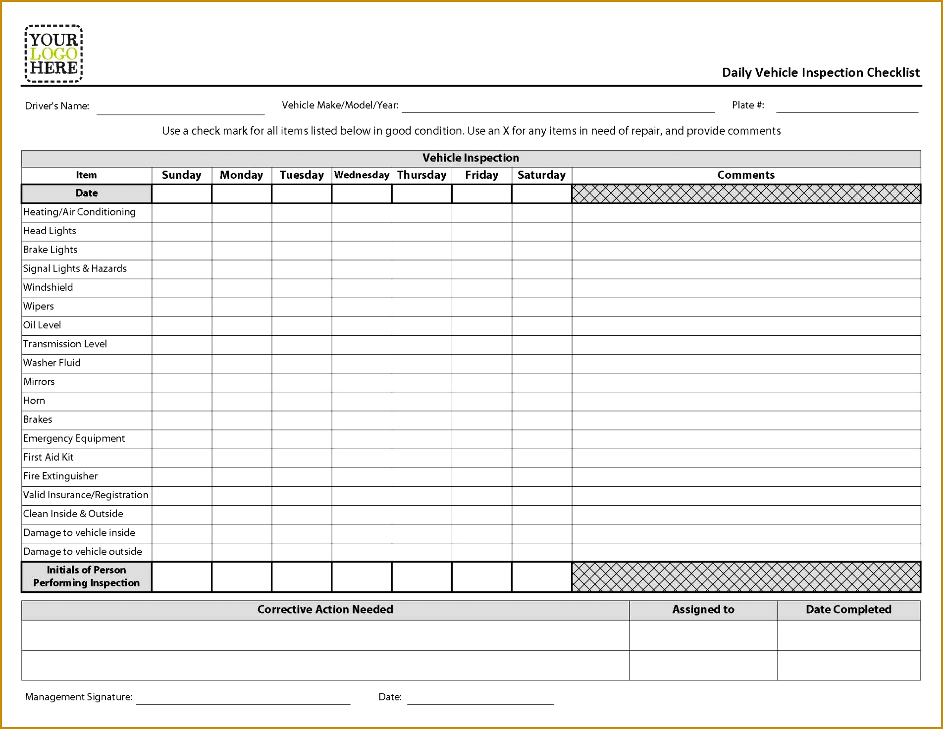 NCR Daily Vehicle Inspection Checklist Form 19041472