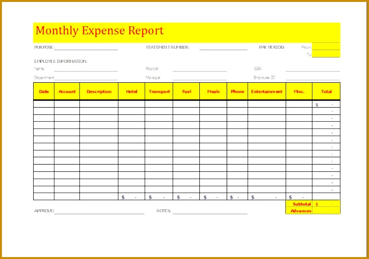 Monthly Expense Report Template DOWNLOAD at 532757