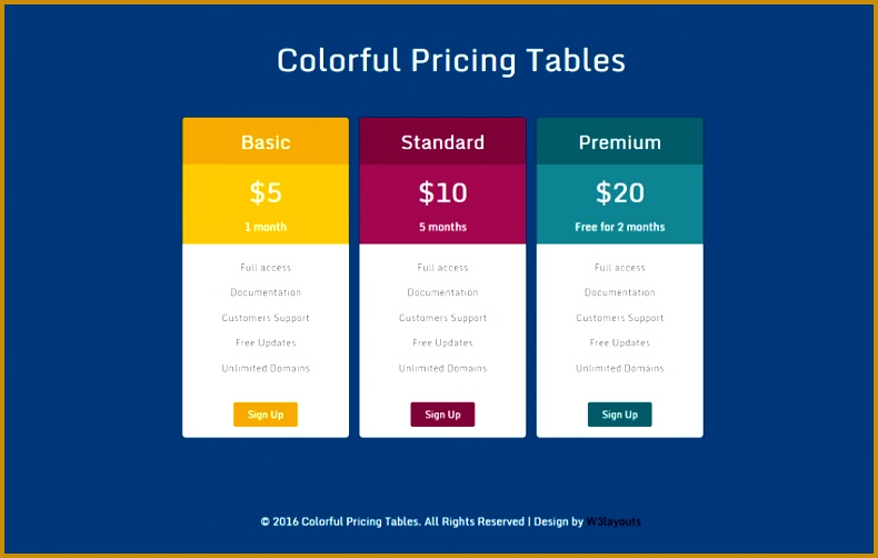 colorful pricing table 502790